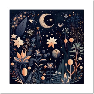 12. Celestial Bohemian Flowers Aesthetic Design Stars Moon Floral Cosmic Pattern Posters and Art